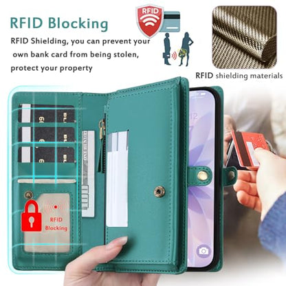 for Wallet Case Compatible with iPhone 17,Multi-Function Detachable 2 in 1 Magnetic iPhone 17 Case Wallet,Flip Strap Zipper Card Holder Phone Case with Shoulder Straps (Green) - color: Green, size: iPhone 17