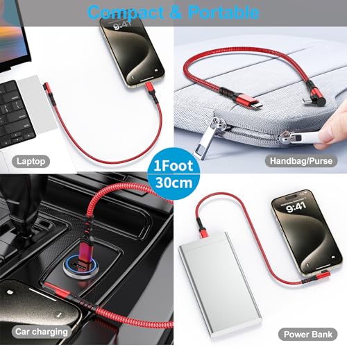 60W Short USB C to USB C Cable(1FT,3Pack),Right Angle USB C Charging Cable - color: Red, size: 1FT+1FT+1FT