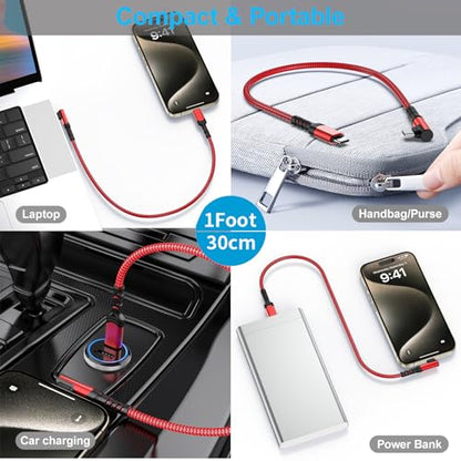 60W Short USB C to USB C Cable(1FT,3Pack),Right Angle USB C Charging Cable - color: Red, size: 1FT+1FT+1FT