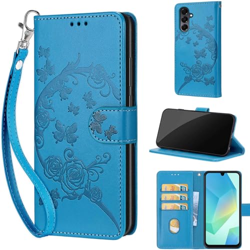 Wallet Case for Samsung Galaxy A16 5G, Blue Flower | Women Flip Folio Cover, Embossed PU Leather, Stand, Credit Card Holders Slots, Wrist Strap - color: 5