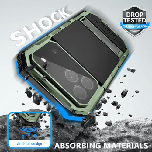 Simicoo Military Metal Heavy Duty Case Compatible with iPhone 17 Pro, Drop Protection Rugged Defender Metal Bumper Screws Phone Cover with Stand Gorilla Glass Camera Cover Full Body Dustproof Green - color: Green, size: iPhone 17 Pro