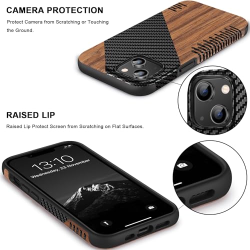 TENDLIN Magnetic Case Compatible with iPhone 14 Case Wood Grain with Carbon Fiber Texture Design Leather Hybrid Slim Cover (Compatible with MagSafe) Twill - color: Magnetic Twill, size: iPhone 14