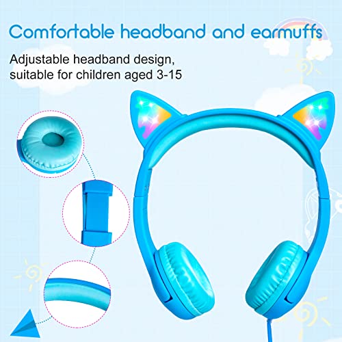 Olyre Kids Wired Headphones LED Light-Up Cat Ears Headset, Dual Audio Jack - color: Blue