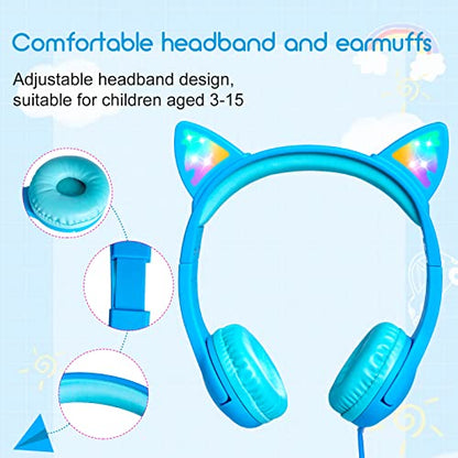 Olyre Kids Wired Headphones LED Light-Up Cat Ears Headset, Dual Audio Jack - color: Blue