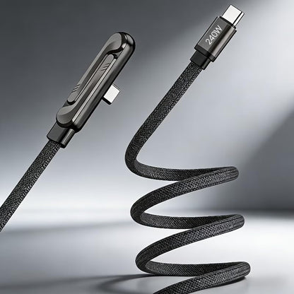 USB C to USB C Braided Cable [5ft], Sideways Phone Charger,240W Fast Charging Cable with Integrated Folding Phone Stand for Gaming Office Travel