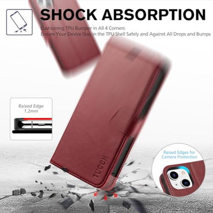 TUCCH Case Wallet for iPhone 13 (6.1") 2021, RFID Blocking Folio, Dark Red | 3 Card Holders, Kickstand, PU Leather, Magnetic Closure, Shockproof TPU Shell, Protective Flip Cover - color: Dark Red