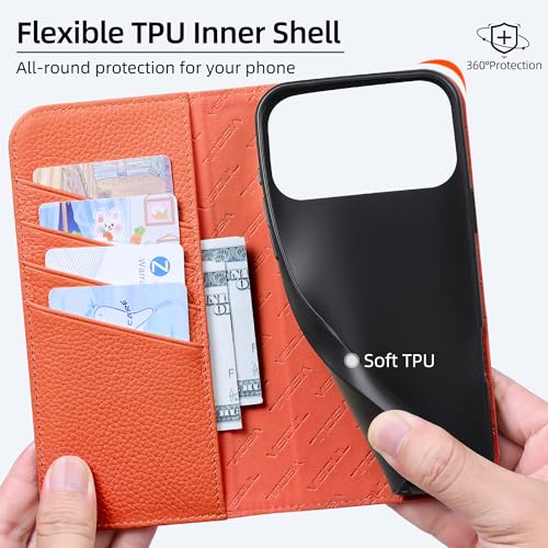 VISOUL Genuine Leather Wallet Case for iPhone 17 Pro Max 6.9" 2025, Pebbled Leather Flip Cover | RFID Blocking 4 Card Holders | Kickstand | Soft Inner Phone Shell | Blue+Orange - color: Blue+Orange