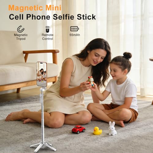 Upgrated 5-in-1 Magnetic Selfie Stick with Remote for Cell Phone 360° Rotation.Can Transforms into Mini Tripod/Camera Grip/Handheld Stabilizer/Phone Stand.Extend to 25 inches - color: White