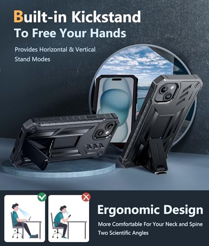 FNTCASE for iPhone 15 Plus Case, Built-in Screen Protector, Kickstand Black | Military-Grade Drop Protection, Anti-Slip Matte Textured, Rugged Heavy Duty Shockproof TPU Protective Cover - color: Black