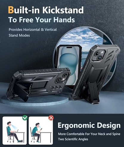 FNTCASE for iPhone 15 Plus Case, Built-in Screen Protector, Kickstand Black | Military-Grade Drop Protection, Anti-Slip Matte Textured, Rugged Heavy Duty Shockproof TPU Protective Cover - color: Black