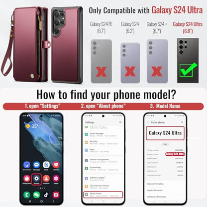 Defencase for Galaxy S24 Ultra Case Wallet Compatible with Magsafe, WineRed | Magnetic Detachable, RFID Bolcking Card Holder, Zipper Strap, PU Leather Drop-Proof Phone Cover for Samsung Galaxy S24 Ultra - color: (Detachable with Magsafe)-Wine Red