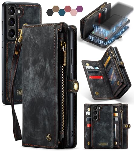 Samsung Galaxy S23 Wallet Case,Zipper Folio Leather Case Wallet with Card Holder Strap Wristlet Detachable Magnetic Protective Back Case for Samsung Galaxy S23 5G 6.1 Inch(Black) - color: Black, size: S23 5G 6.1 Inch