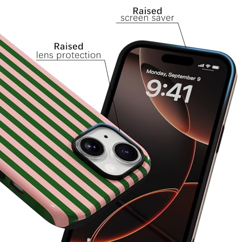 Skyseaco Compatible with iPhone 15 Case with MagSafe, Cute Striped Phone Case for Women Girls, Soft TPU + Hard PC Dual Layer Shockproof Glossy Protective Cover, Pink and Green - color: Pink and Green, size: iPhone 15