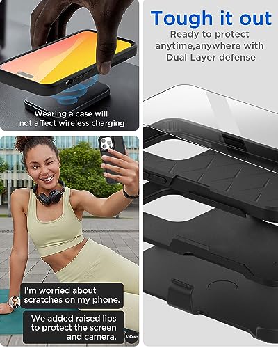 AICase Clip Holster Case Compatible with iPhone 15 Pro Max with Glass Screen Protector+Camera Lens,Heavy Duty Drop Protection Full Body Rugged Shockproof Military Protective Tough Durable Cover 6.7" - color: Black+Belt+Glass Protector/Camera Lens