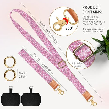 Cell Phone Lanyard Adjustable Crossbody Strap, Cute Phone Neck Wristlet Wrist Strap Patch for Keys Case Accessories - color: Pink Glitter