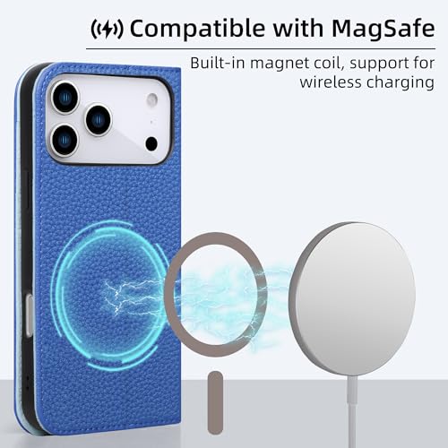 VISOUL Pebbled Leather Wallet Case for iPhone 17 Pro Max 6.9" 2025, Genuine Leather Flip Folio Cover with RFID Blocking Card Holders, Kickstand, Soft TPU Protective Flip Cover -Dark Blue+Light Blue - color: Dark Blue+Light Blue