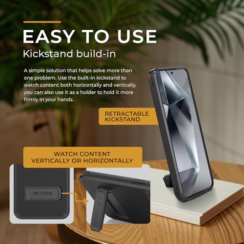 MOTIVE for Samsung Galaxy S24 Case with Belt Clip and Stand | 6.2" | Case & Holster, MagSafe compatible, built-in Kickstand Horizontal, 360° rotating belt clip, slim low-profile fit - size: s24