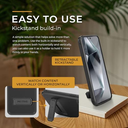 MOTIVE for Samsung Galaxy S24 Case with Belt Clip and Stand | 6.2" | Case & Holster, MagSafe compatible, built-in Kickstand Horizontal, 360° rotating belt clip, slim low-profile fit - size: s24