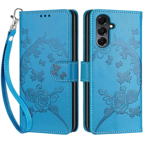 Wallet Case for Samsung Galaxy A16 5G, Blue Flower | Women Flip Folio Cover, Embossed PU Leather, Stand, Credit Card Holders Slots, Wrist Strap - color: 5
