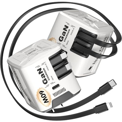 W & O 60W Gan Fast Charger Wall Plug, Built-in Retractable USB-C & L Cables - color: white+white