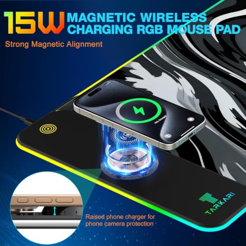 TARKARI 15W Magnetic Wireless Charging RGB Mouse Pad, 800x300mm Ink Splash - color: Black Grey