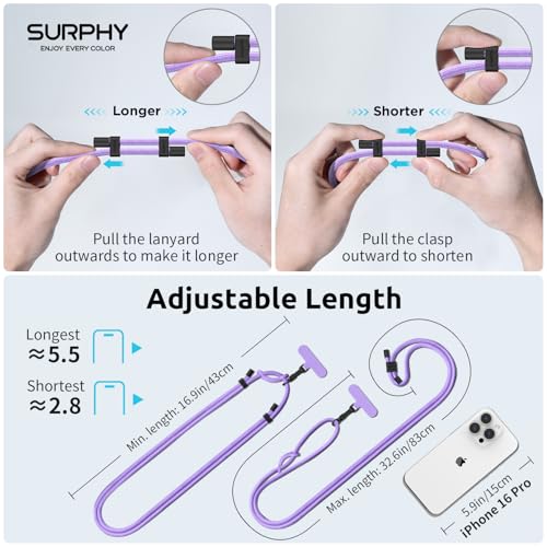 SURPHY Phone Lanyard Crossbody, Phone Strap Crossbody with 2 Tether Tabs - color: Purple