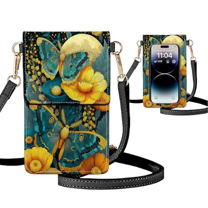 Small Crossbody Bags for Women Touchscreen Cell Phone Bag Cross Body Purses with adjustable Strap,Gifts For Teenage Girls-Teal Yellow Butterflies Art