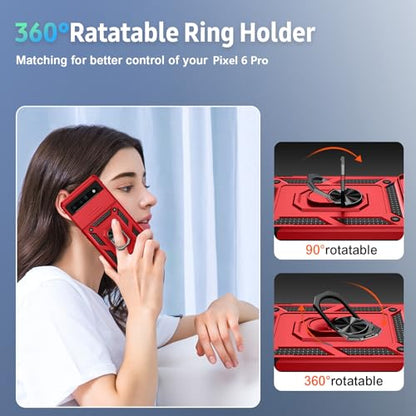 Vinve for Google Pixel 6 Pro Case with Slide Lens Cover, Military Grade Drop Protection, Magnetic Rotated Ring Holder Kickstand Protective Phone Case (Red) - color: Red ,Military Grade 2nd gen.
