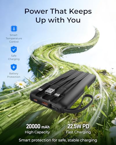 VRURC Portable Charger 4-Built-in-Cables 20000mAh Fast Charging Power Bank - color: Black