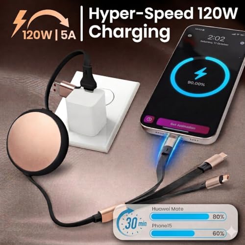 120W Fast Multi Charging Cable, 6 in 1 Retractable Charger (Ebony Golden) - color: Ebony Golden