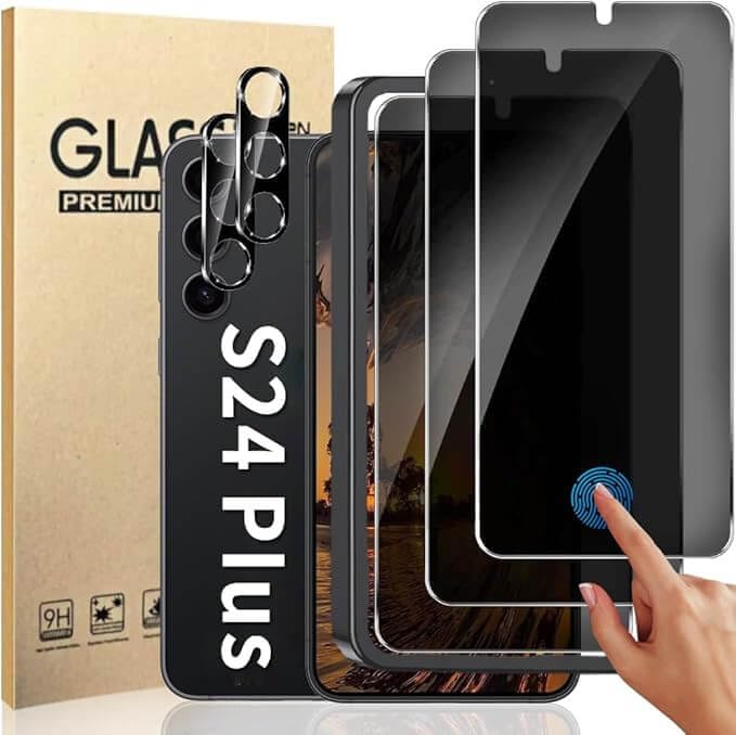 3+2 Pack Privacy Screen Protector And Camera Lens Protection for Galaxy S24 Plus 5G, Anti-Spy 9H Hardness Support Fingerprint Unlock Tempered Glass Screen Protector for Samsung Galaxy S24 Plus - size: Galaxy S24+ 6.7 Inch