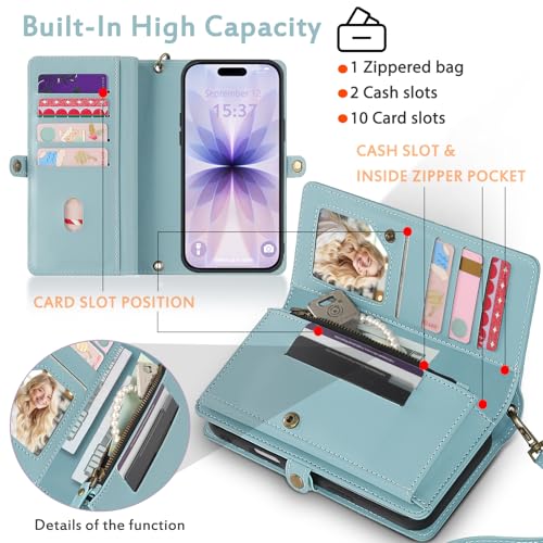 for Wallet Case Compatible with iPhone 17,Multi-Function Detachable 2 in 1 Magnetic iPhone 17 Case Wallet,Flip Strap Zipper Card Holder Phone Case with Shoulder Straps (Blue) - color: Blue, size: iPhone 17