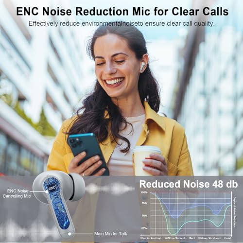 Wireless Headphones, 2026 Bass-3.0 Bluetooth 5.4 Earbuds 3D-Stereo Ear Buds, 4 ENC Noise Cancelling Mic, 40+Hrs USB-C in-Ear Earphones, IP-X7 Waterproof Sport Workout Gym for Laptop Pad Android iOS - color: Marble Gray
