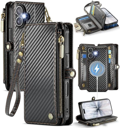 Defencase for iPhone 17 Phone Case Wallet Compatible with Magsafe, C-Black | Magnetic Detachable, Drop-Proof Protective Wallet Cases Cover, with RFID Bolcking Card Holder, Zipper Strap, Soft PU Leather - color: (Detachable with Magsafe)-Carbon Fiber Black