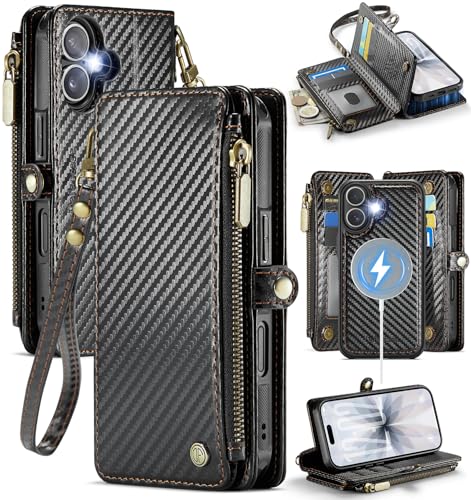 Defencase for iPhone 17 Phone Case Wallet Compatible with Magsafe, C-Black | Magnetic Detachable, Drop-Proof Protective Wallet Cases Cover, with RFID Bolcking Card Holder, Zipper Strap, Soft PU Leather - color: (Detachable with Magsafe)-Carbon Fiber Black