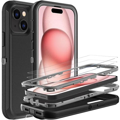 YKHJKLEC for iPhone 15 Case, Military Grade 3 in 1 Heavy Duty Shockproof/Drop Proof/Dust Proof Case with 2Pcs Tempered Glass Screen Protector (Black/Grey) - color: Black/Grey