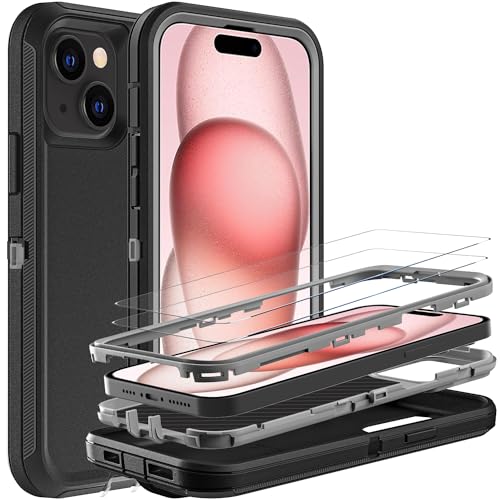 YKHJKLEC for iPhone 15 Case, Military Grade 3 in 1 Heavy Duty Shockproof/Drop Proof/Dust Proof Case with 2Pcs Tempered Glass Screen Protector (Black/Grey) - color: Black/Grey