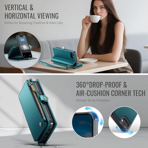 Defencase for iPhone 17e/16e Case Wallet Compatible with Magsafe, Bluegreen | Drop-Proof Magnetic Detachable Phone Cases Cover, with RFID Bolcking Card Holder, Zipper Strap, PU Leather, Removable Wallet - color: (Detachable with Magsafe)-Blue Green