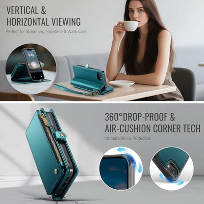 Defencase for iPhone 17e/16e Case Wallet Compatible with Magsafe, Bluegreen | Drop-Proof Magnetic Detachable Phone Cases Cover, with RFID Bolcking Card Holder, Zipper Strap, PU Leather, Removable Wallet - color: (Detachable with Magsafe)-Blue Green
