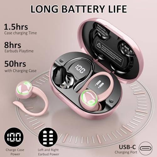 Matast Wireless Earbuds, Bluetooth Headphones Sports, IP7 Waterproof Headset with Earhook Workout, 50H Playback Over-Ear Buds with ENC Noise Cancelling Mic, Deep Bass Fitness Earphones Gym Running - color: Lily powder