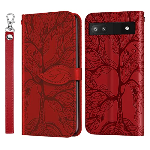Wallet Case for Google Pixel 6A with Card Holder/Slot,PU Leather Folio Flip Shell [Kickstand][Magnetic Closure][Wrist Strap] Shockproof Cover Fit Google Pixel 6A, Red - color: Red, size: Google Pixel 6A