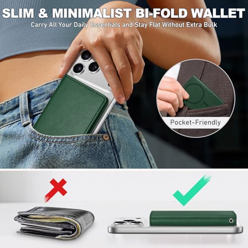 TUCCH for Magsafe Wallet, 6 Card Slots with RFID Blocking, Evergreen | for iPhone 17/17e/16/15/14/13/12 Pro/Pro Max/Plus, Clear ID Window, Magnetic Closure, PU Leather - color: Evergreen