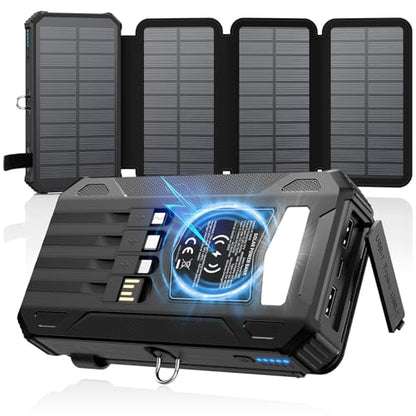 Solar Power Bank 48000mAh Built in 4 Cables, Wireless Portable Charger - color: Deep black