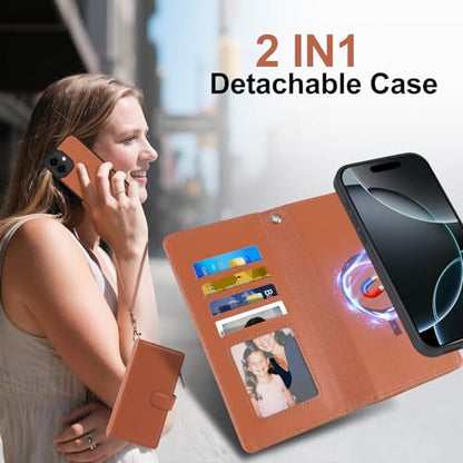 Harryshell 2 in 1 for iPhone 17 6.3 inch Wallet Case Magnetic Compatible with Magsafe RFID Blocking Card Holder Detachable Phone Cover Zipper Purse Kickstand Wrist Strap Men Women Brown - color: Brown, size: iPhone 17