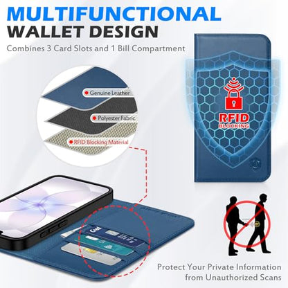 SHIELDON Genuine Leather Case Wallet for iPhone 17e/16e 6.1", Royal Blue | Magnetic Closure, RFID Blocking, Credit Card Slot, Viewing Stand, Foldable Design, Shockproof TPU Phone Cover - color: Royal Blue