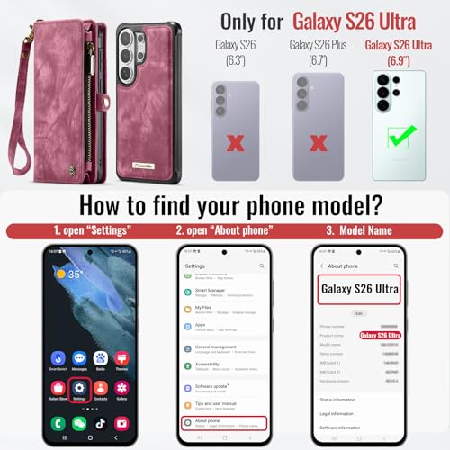 Compatible with Samsung Galaxy S26 Ultra Wallet Case with Magsafe with Zipper & Card Holder Strap Wristlet Detachable Magnetic Protective Back Case for Galaxy S26 Ultra 5G 6.9 Inch (Red) - color: (Detachable and Magsafe)-Red, size: S26 Ultra 6.9 Inch
