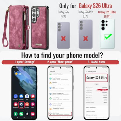 Compatible with Samsung Galaxy S26 Ultra Wallet Case with Magsafe with Zipper & Card Holder Strap Wristlet Detachable Magnetic Protective Back Case for Galaxy S26 Ultra 5G 6.9 Inch (Red) - color: (Detachable and Magsafe)-Red, size: S26 Ultra 6.9 Inch