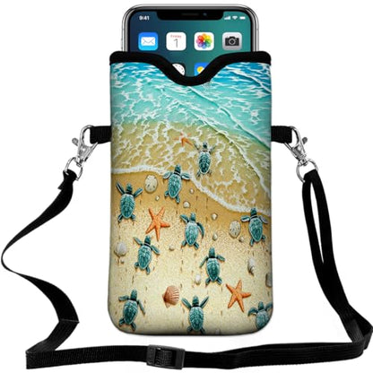 Universal Neoprene Cell Phone Pouch 7.1 X 4 in Mobile Protection Case Bag with Crossbody Strap/Neck Lanyard Sea Turtle Printed Pattern - color: Sea Turtle Printed Pattern