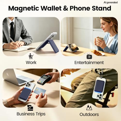 MagSafe Wallet Stand RFID Card Holder Thin Leather with Strong Magnets - color: Blue