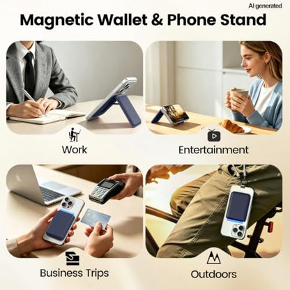 MagSafe Wallet Stand RFID Card Holder Thin Leather with Strong Magnets - color: Blue